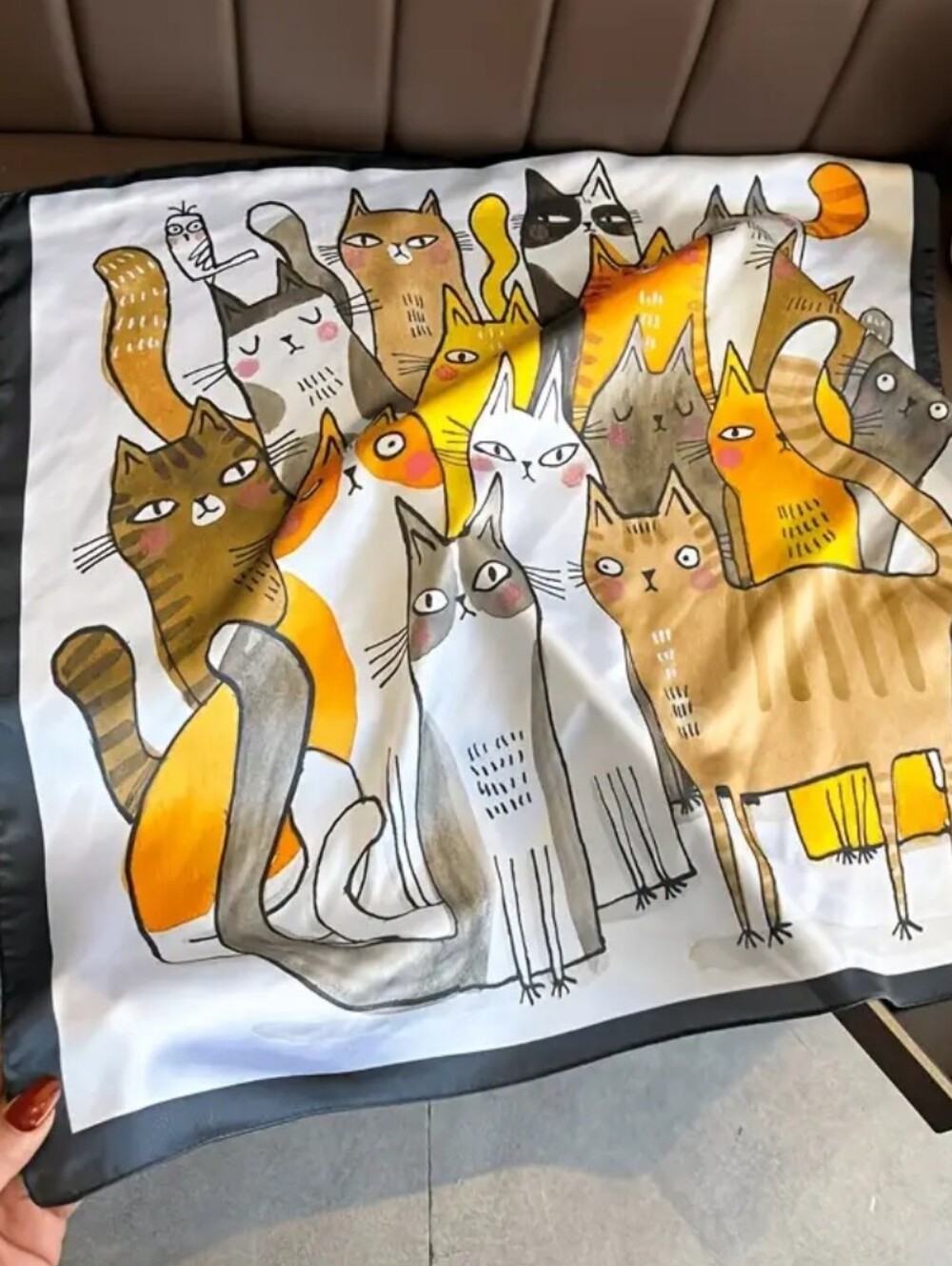Silk-feel Playful Cat Print Satin Scarf - White,  Head, Neck 70*70cm